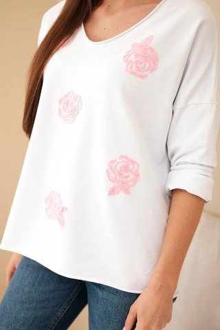 Bluzka damska bawełniana z haftowanymi kwiatami i dekoltem V biały+różowy