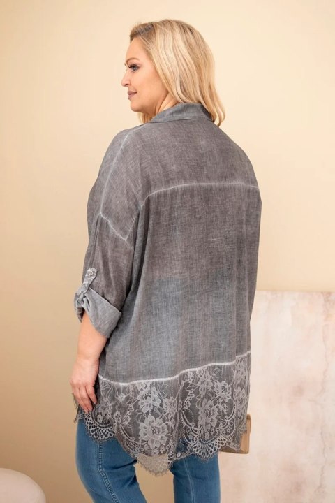 Koszula damska Plus Size bawełniana przecierana z koronkowym wykończeniem grafitowa