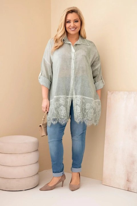 Koszula damska Plus Size bawełniana przecierana z koronkowym wykończeniem khaki