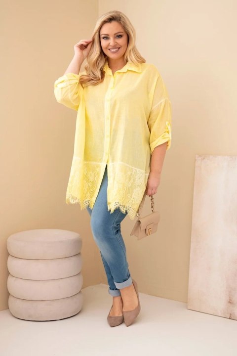 Koszula damska Plus Size bawełniana przecierana z koronkowym wykończeniem żółta