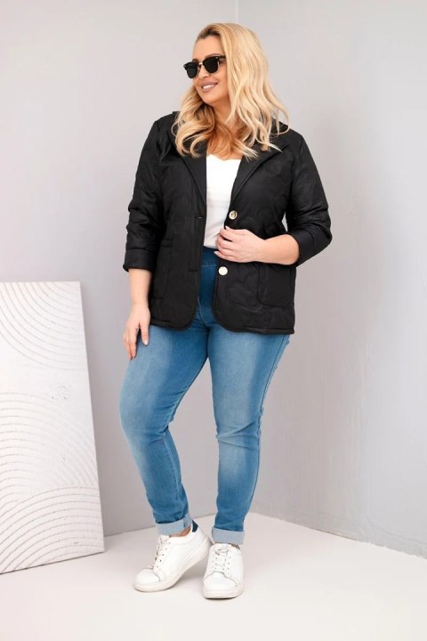 Kurtka damska Plus Size pikowana w kwiaty z kołnierzem i kieszeniami czarna