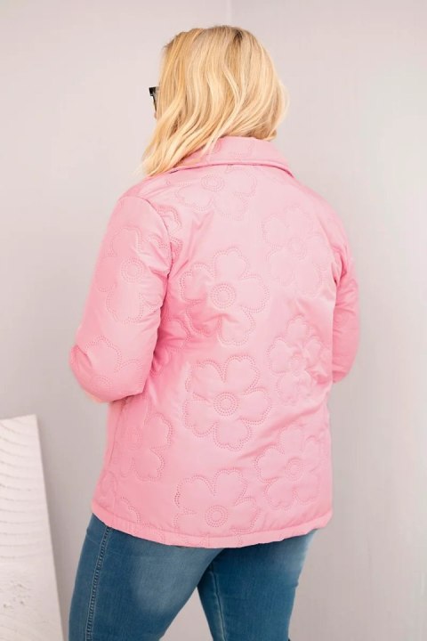 Kurtka damska Plus Size pikowana w kwiaty z kołnierzem i kieszeniami jasno różowa