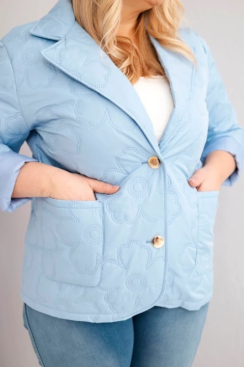 Kurtka damska Plus Size pikowana w kwiaty z kołnierzem i kieszeniami niebieska