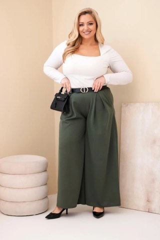 Spodnie damskie Plus Size wiskozowe z szeroką nogawką i paskiem khaki