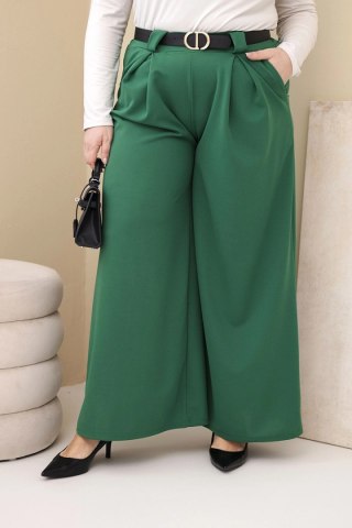 Spodnie damskie Plus Size wiskozowe z szeroką nogawką i paskiem zielone