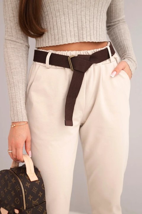 Spodnie damskie bawełniane z paskiem i podwijaną nogawką beżowe