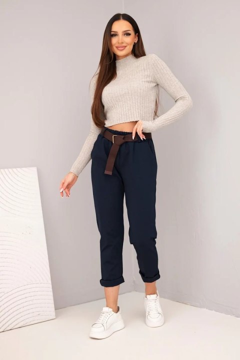 Spodnie damskie bawełniane z paskiem i podwijaną nogawką granatowe