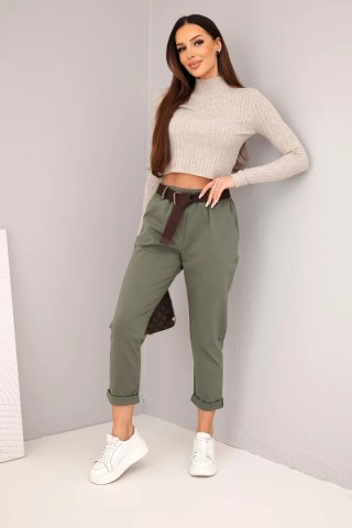 Spodnie damskie bawełniane z paskiem i podwijaną nogawką khaki