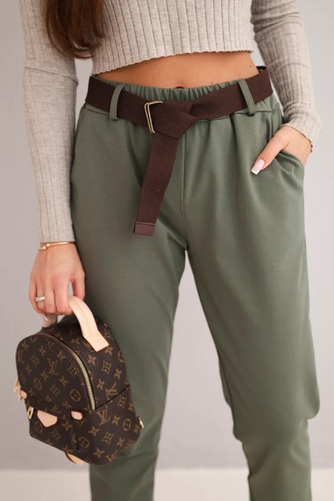 Spodnie damskie bawełniane z paskiem i podwijaną nogawką khaki