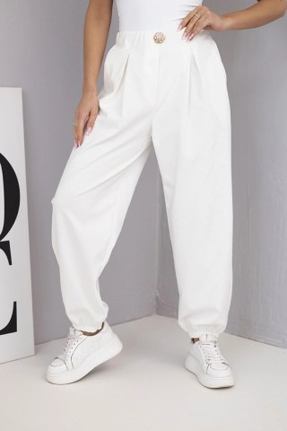 Spodnie damskie bawełniane z wysokim stanem i ozdobnym guzikiem ecru