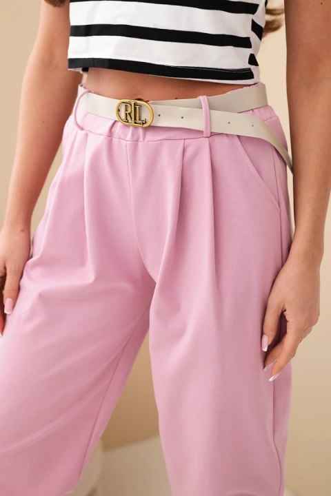 Spodnie damskie bawełniane z wysokim stanem i paskiem ciemno różowe