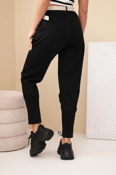 Spodnie damskie bawełniane z wysokim stanem i paskiem czarne