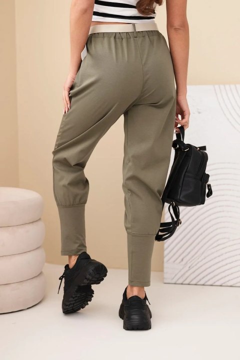 Spodnie damskie bawełniane z wysokim stanem i paskiem khaki