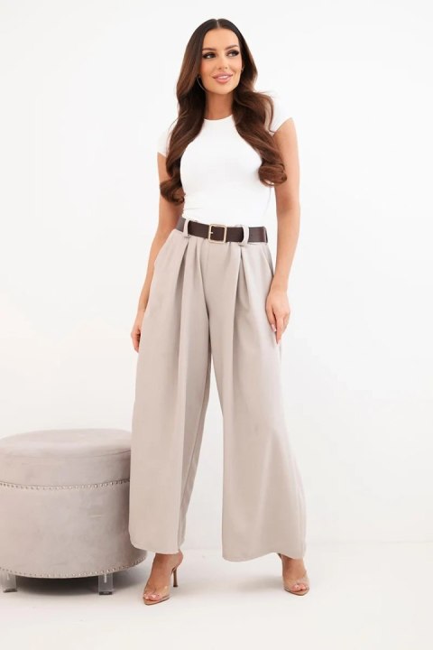 Spodnie damskie z szeroką nogawką i paskiem ciemno beżowe