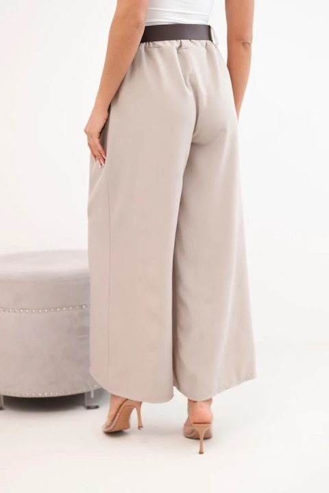 Spodnie damskie z szeroką nogawką i paskiem ciemno beżowe
