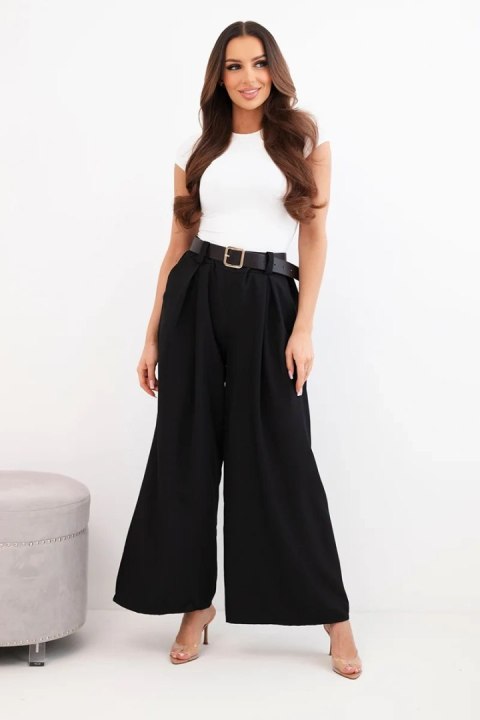 Spodnie damskie z szeroką nogawką i paskiem czarne