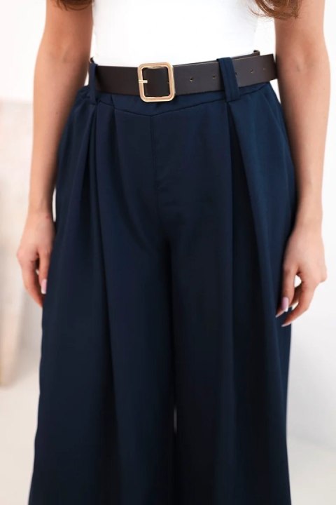 Spodnie damskie z szeroką nogawką i paskiem granatowe