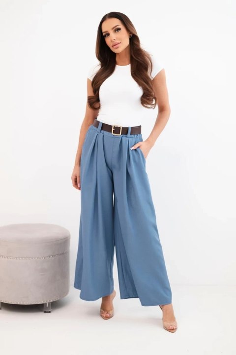 Spodnie damskie z szeroką nogawką i paskiem jeansowe