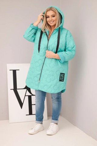 Kurtka damska Plus Size pikowana z kapturem i napisem HOPE miętowa