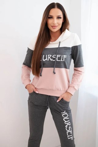 Komplet z nadrukiem Yourself ecru+grafitowy