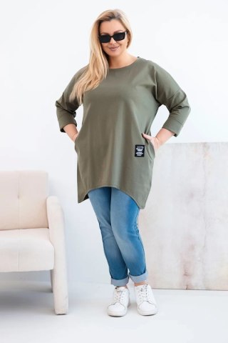 Bluzka damska Plus Size z dłuższym tyłem i długim rękawem khaki