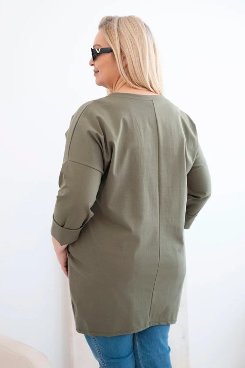 Bluzka damska Plus Size z dłuższym tyłem i długim rękawem khaki