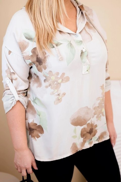 Bluzka damska Plus Size z wiskozy z kapturem i kwiatowym wzorem beżowa