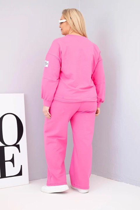Komplet damski Plus Size bawełniany z luźną bluzą i spodniami z szeroką nogawką różowy