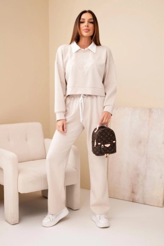 Komplet damski masełko bluza z kołnierzykiem i proste spodnie beżowy