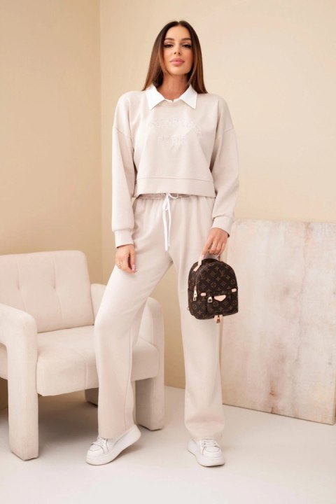 Komplet damski masełko bluza z kołnierzykiem i proste spodnie beżowy