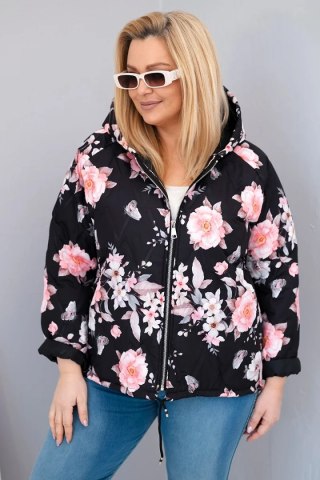 Kurtka damska wiosenna pikowana Plus Size z kapturem i kwiatowym wzorem czarna