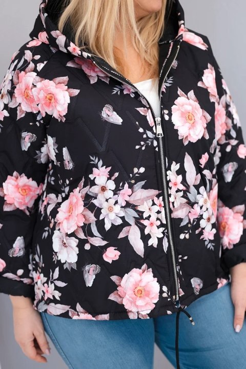 Kurtka damska wiosenna pikowana Plus Size z kapturem i kwiatowym wzorem czarna