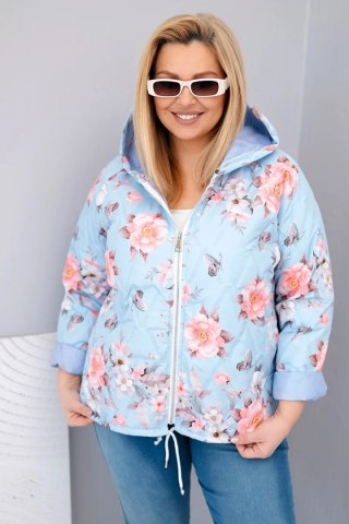 Kurtka damska wiosenna pikowana Plus Size z kapturem i kwiatowym wzorem niebieska