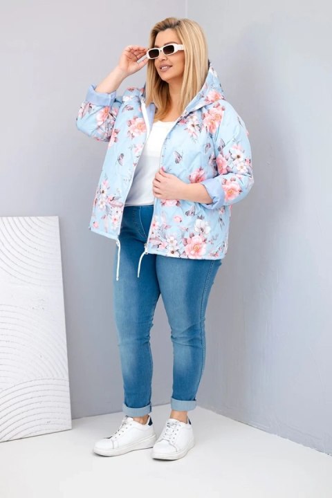 Kurtka damska wiosenna pikowana Plus Size z kapturem i kwiatowym wzorem niebieska