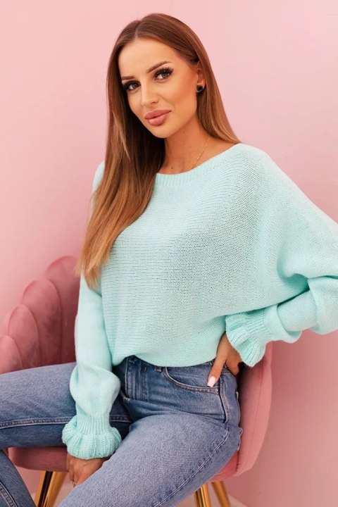 Sweter damska z moheru z marszczonymi rękawami i wycięciem na plecach miętowy