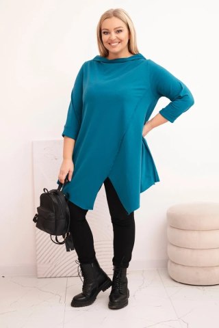 Bluzka damska bawełniana Plus Size asymetryczna z podwijanym rękawem morska
