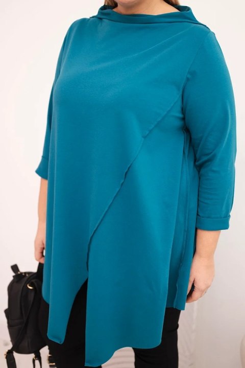 Bluzka damska bawełniana Plus Size asymetryczna z podwijanym rękawem morska
