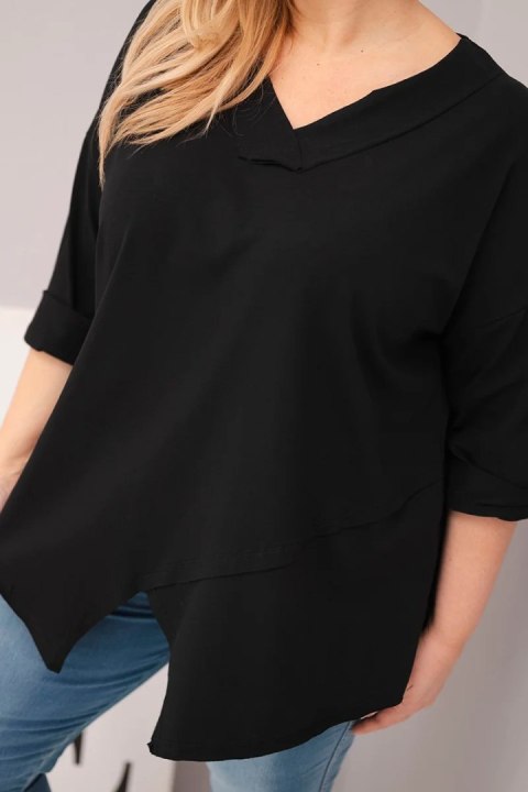 Bluzka damska bawełniana Plus Size z głębokim dekoltem V i asymetrycznym dołem czarna