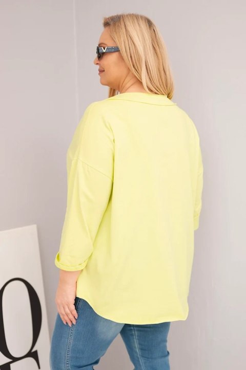 Bluzka damska bawełniana Plus Size z głębokim dekoltem V i asymetrycznym dołem żółty neon