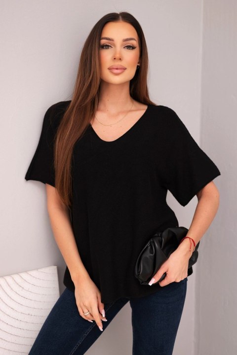 Bluzka damska sweterkowa z krótkim rękawem i dekoltem w serek czarna