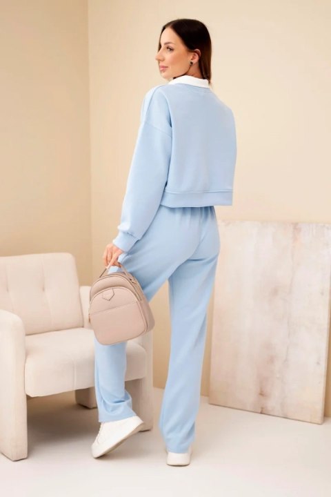 Komplet damski masełko bluza z kołnierzykiem i proste spodnie niebieski