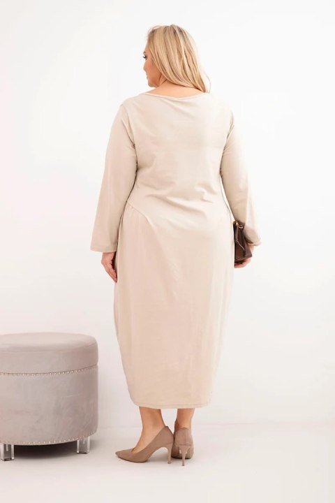 Sukienka damska Plus Size bawełniana z długim rękawem i marszczeniem w talii beżowa