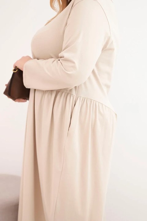 Sukienka damska Plus Size bawełniana z długim rękawem i marszczeniem w talii beżowa