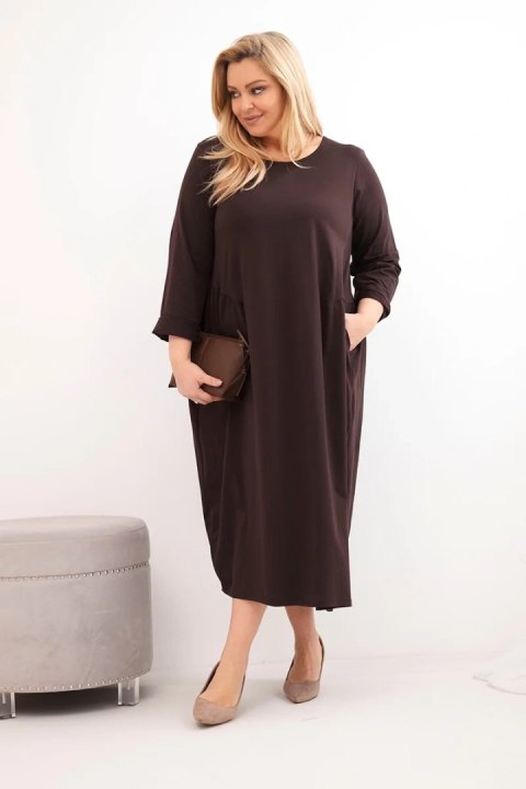 Sukienka damska Plus Size bawełniana z długim rękawem i marszczeniem w talii brązowa