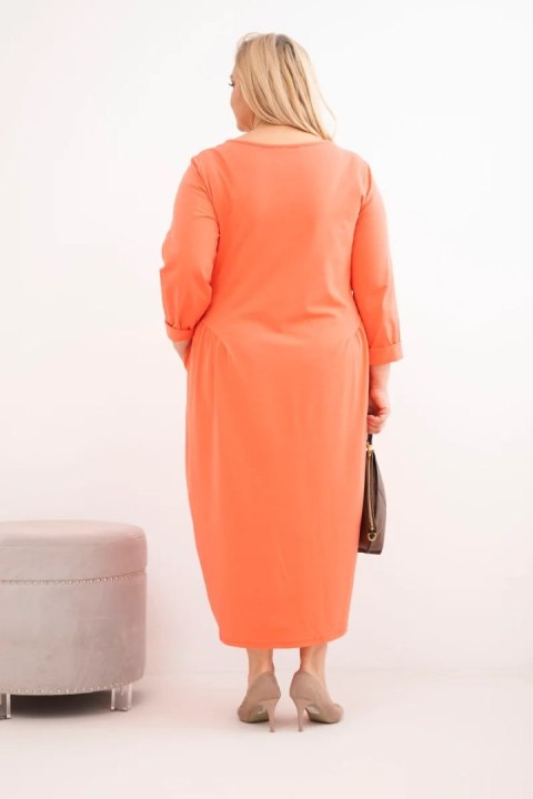 Sukienka damska Plus Size bawełniana z długim rękawem i marszczeniem w talii morelowa