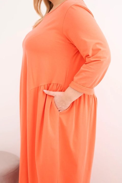 Sukienka damska Plus Size bawełniana z długim rękawem i marszczeniem w talii morelowa