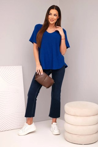 Bluzka damska sweterkowa z krótkim rękawem i dekoltem w serek chabrowa