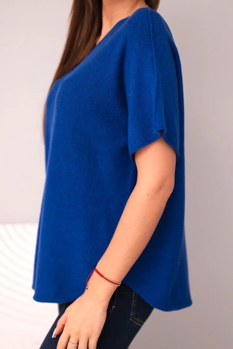 Bluzka damska sweterkowa z krótkim rękawem i dekoltem w serek chabrowa