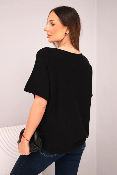 Bluzka damska sweterkowa z krótkim rękawem i dekoltem w serek czarna