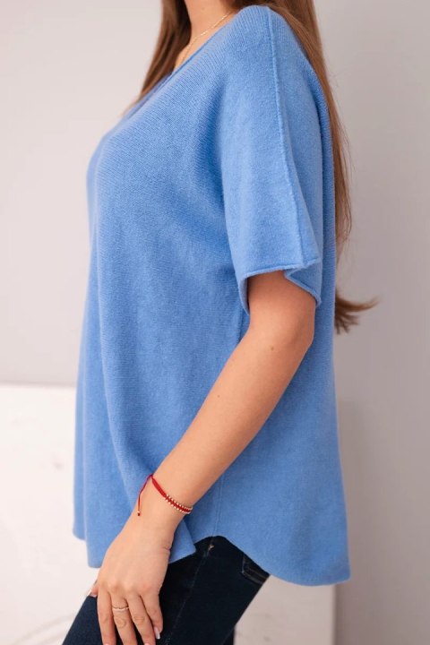 Bluzka damska sweterkowa z krótkim rękawem i dekoltem w serek jeansowa